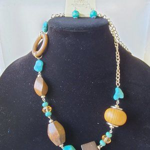 NWT- Boho Wood & Turquoise Necklace with Dangle Earrings Set